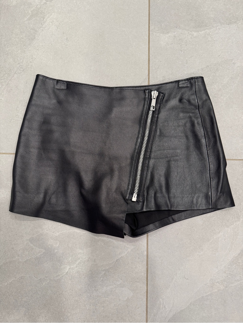 INTERMIX Black Leather Zip-Front Skort